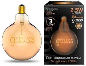 255 300x230 - Лампа Gauss FILAMENT G125 2,5W 200LM 2000К Е27 GOLDEN GAUSS LED 1/20